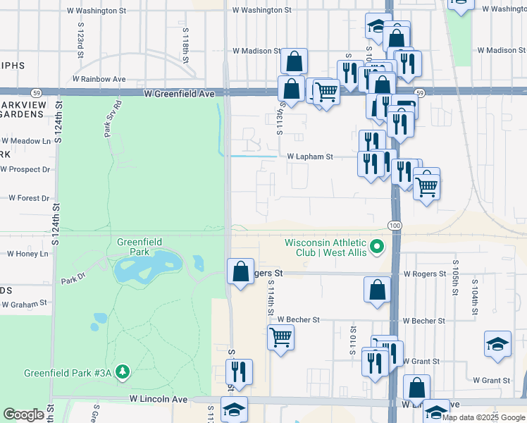 map of restaurants, bars, coffee shops, grocery stores, and more near 1736 South 115 Court in West Allis