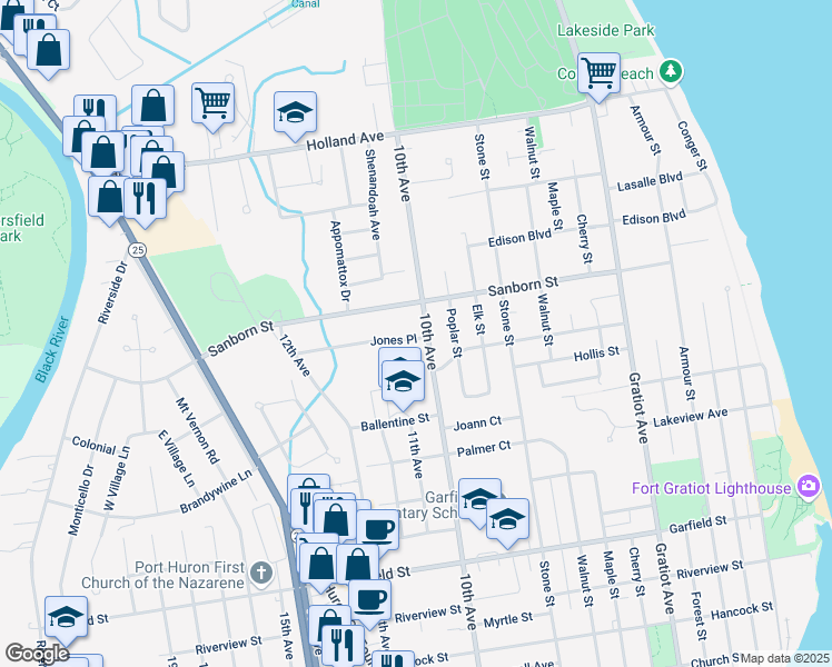 map of restaurants, bars, coffee shops, grocery stores, and more near 1423 Jones Place in Port Huron