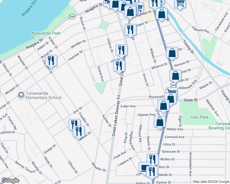 map of restaurants, bars, coffee shops, grocery stores, and more near 296 Main Street in Tonawanda
