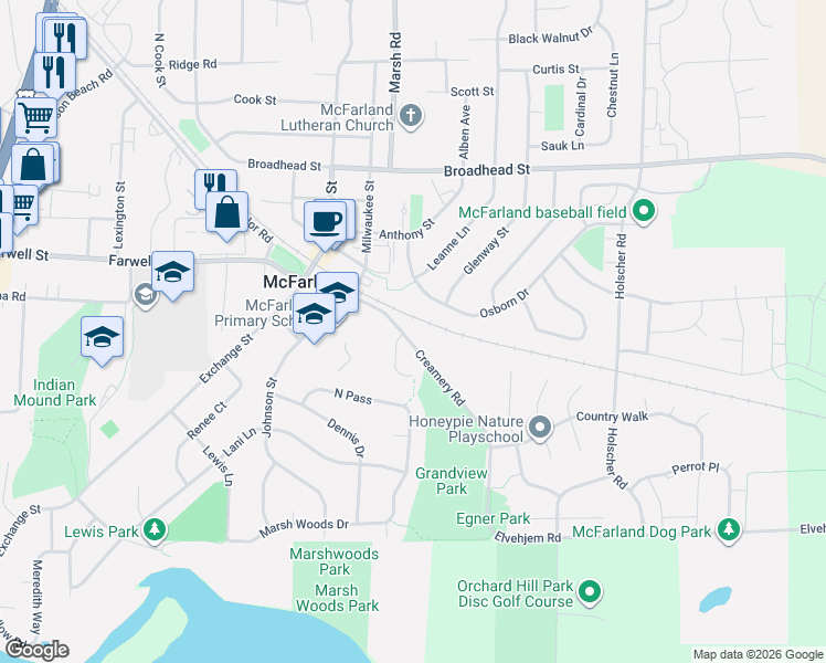 map of restaurants, bars, coffee shops, grocery stores, and more near 5504 Creamery Road in McFarland