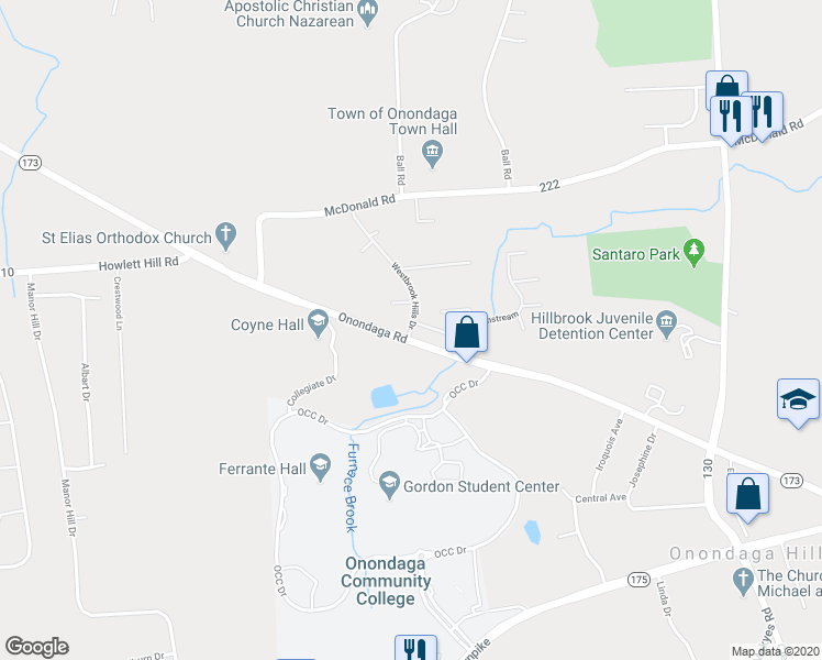 map of restaurants, bars, coffee shops, grocery stores, and more near 267 Westbrook Hills Drive in Syracuse