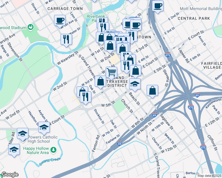 map of restaurants, bars, coffee shops, grocery stores, and more near 313 West Court Street in Flint