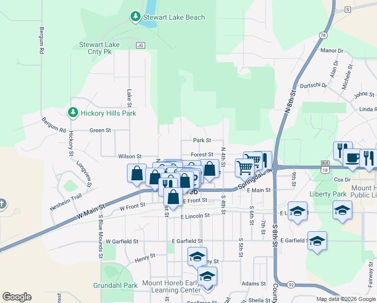 map of restaurants, bars, coffee shops, grocery stores, and more near 300 North 3rd Street in Mount Horeb