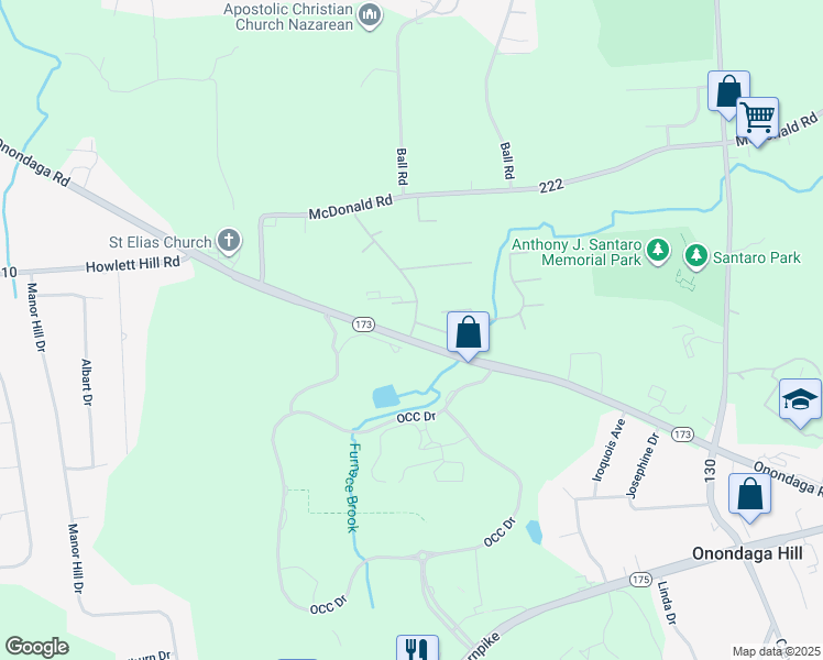 map of restaurants, bars, coffee shops, grocery stores, and more near 43 Westbrook Hills Drive in Syracuse