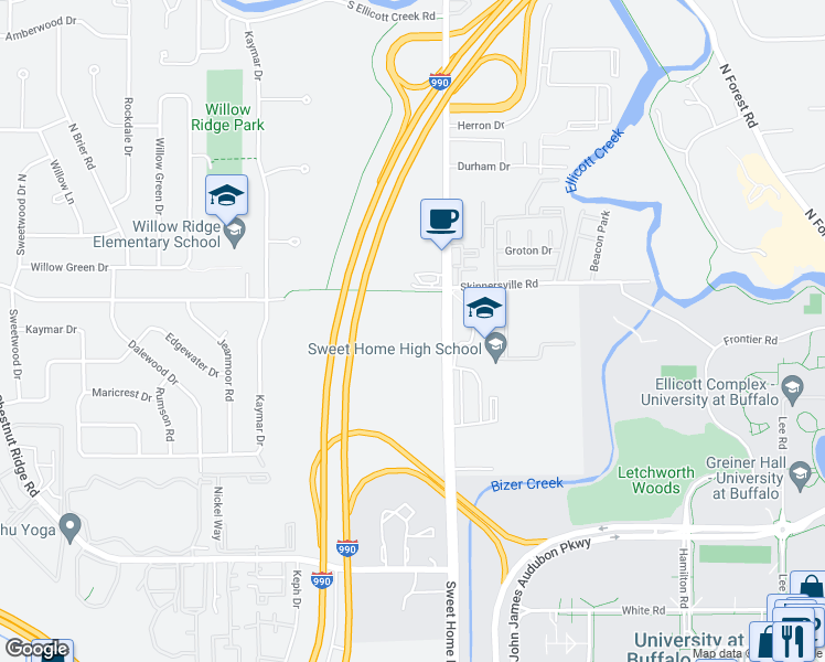 map of restaurants, bars, coffee shops, grocery stores, and more near 1880 Sweet Home Road in Buffalo