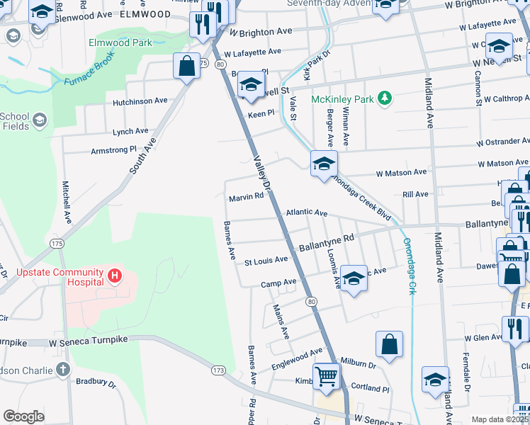 map of restaurants, bars, coffee shops, grocery stores, and more near 116 Wente Terrace in Syracuse