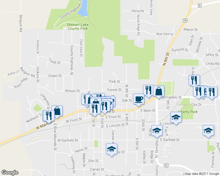 map of restaurants, bars, coffee shops, grocery stores, and more near 300 North 3rd Street in Mount Horeb