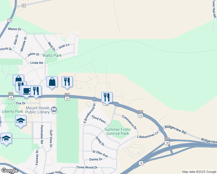 map of restaurants, bars, coffee shops, grocery stores, and more near 1917 Fox Run in Mount Horeb