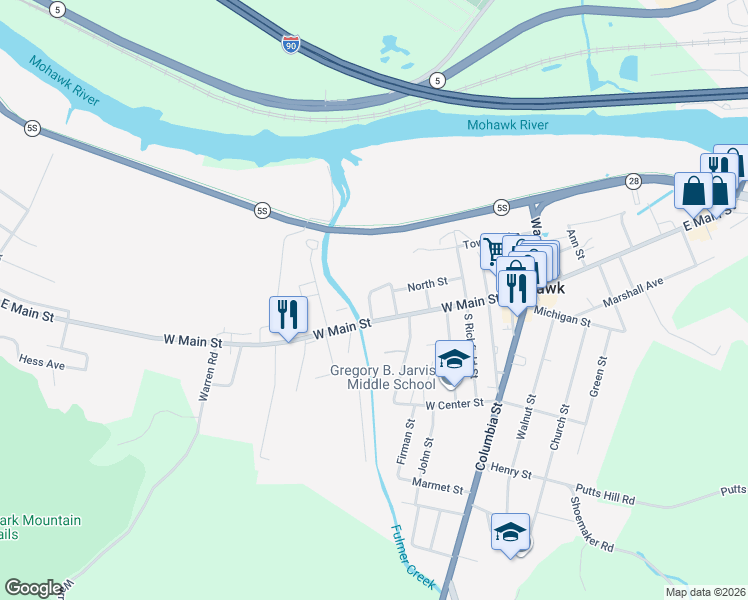 map of restaurants, bars, coffee shops, grocery stores, and more near 10 Lock Street in Mohawk