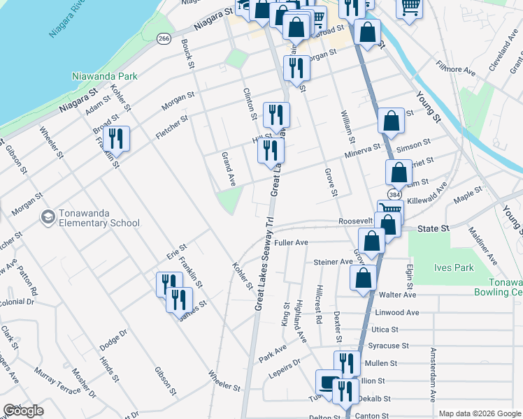map of restaurants, bars, coffee shops, grocery stores, and more near 296 Main Street in Tonawanda
