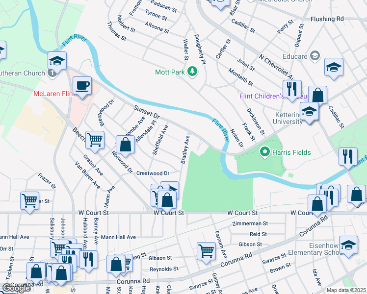 map of restaurants, bars, coffee shops, grocery stores, and more near 372 Bradley Avenue in Flint