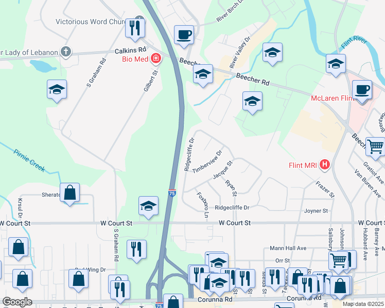 map of restaurants, bars, coffee shops, grocery stores, and more near 3478 Ridgecliffe Drive in Flint