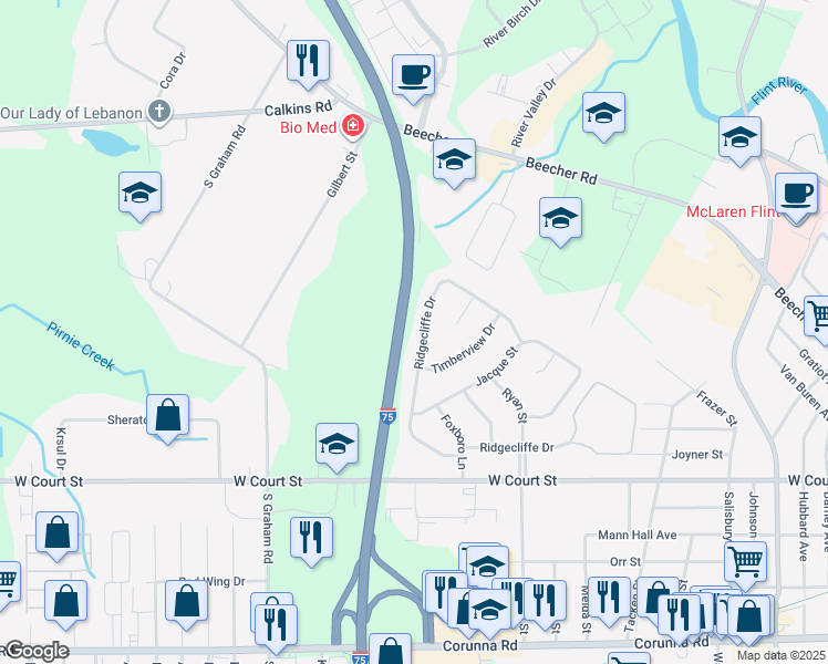 map of restaurants, bars, coffee shops, grocery stores, and more near 3477 Ridgecliffe Drive in Flint