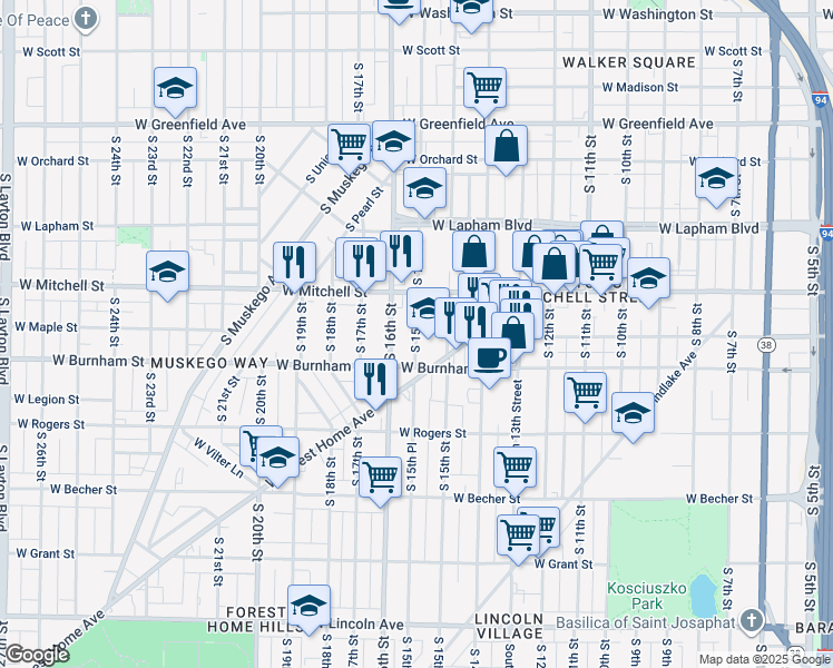 map of restaurants, bars, coffee shops, grocery stores, and more near 1516 West Forest Home Avenue in Milwaukee