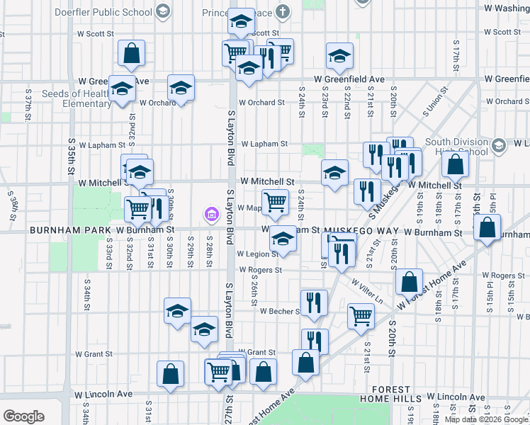 map of restaurants, bars, coffee shops, grocery stores, and more near 1812 South 26th Street in Milwaukee