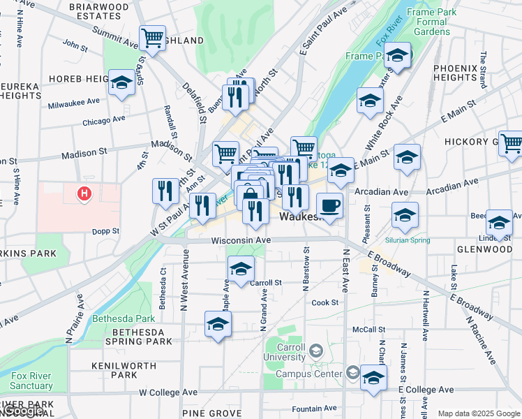 map of restaurants, bars, coffee shops, grocery stores, and more near in Waukesha