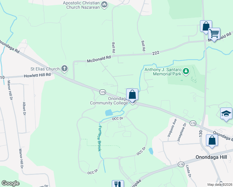 map of restaurants, bars, coffee shops, grocery stores, and more near 247 Westbrook Hills Drive in Syracuse