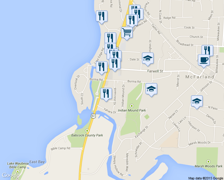 map of restaurants, bars, coffee shops, grocery stores, and more near 6108 Rivercrest Dr in McFarland