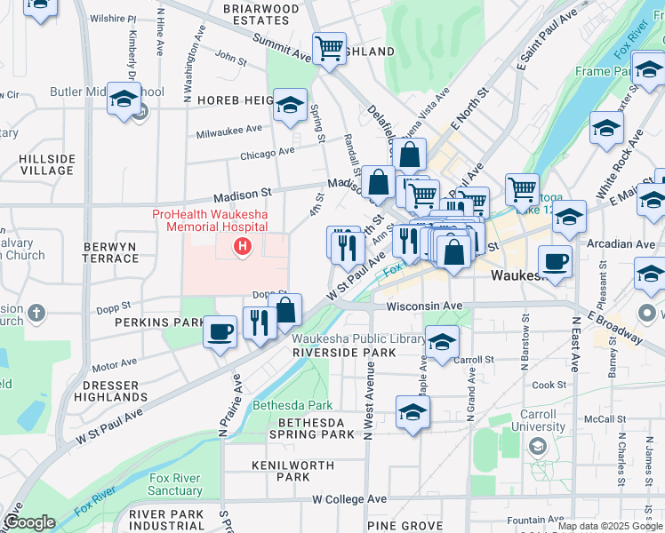 map of restaurants, bars, coffee shops, grocery stores, and more near 300 W North St in Waukesha