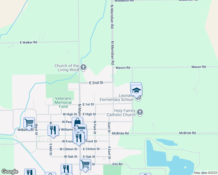 map of restaurants, bars, coffee shops, grocery stores, and more near 637 North East Street in Ovid
