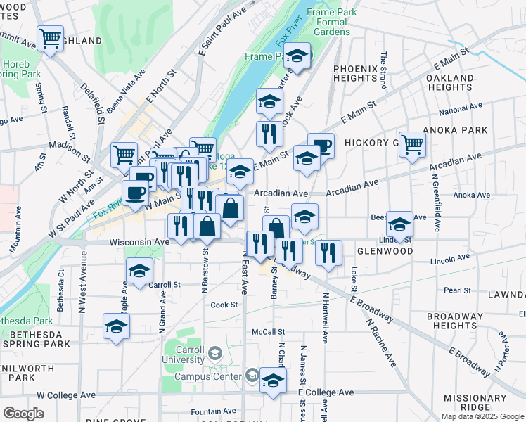 map of restaurants, bars, coffee shops, grocery stores, and more near 808 Pleasant Street in Waukesha