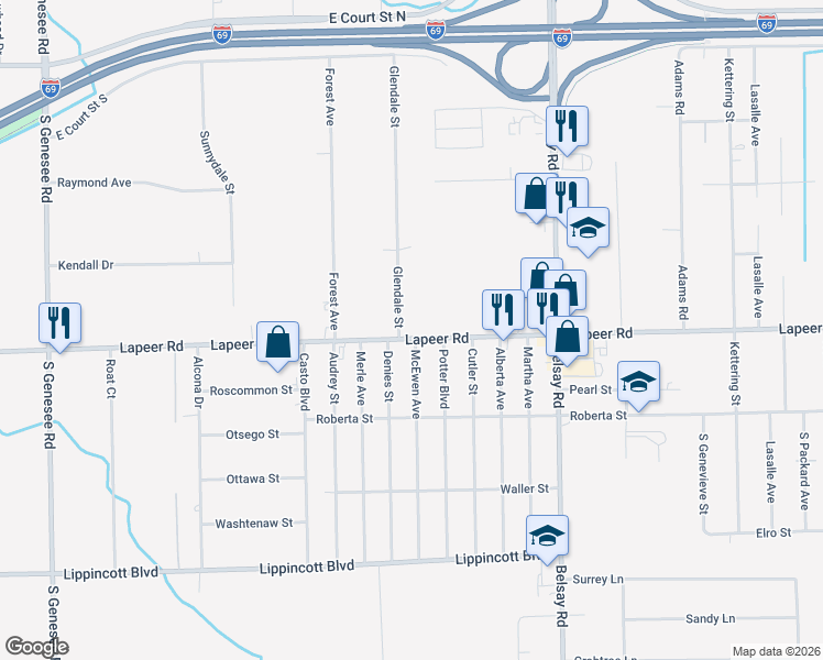 map of restaurants, bars, coffee shops, grocery stores, and more near 5499 Lapeer Road in Burton