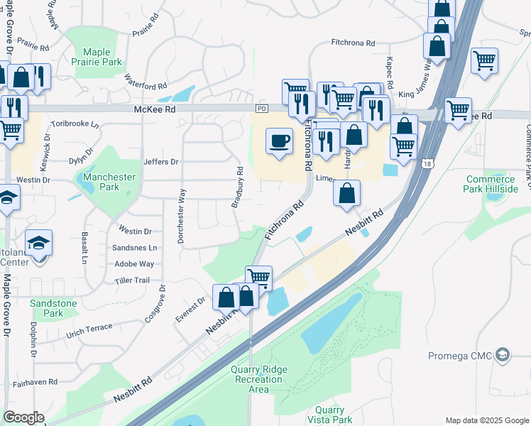 map of restaurants, bars, coffee shops, grocery stores, and more near 2851 Fitchrona Road in Fitchburg