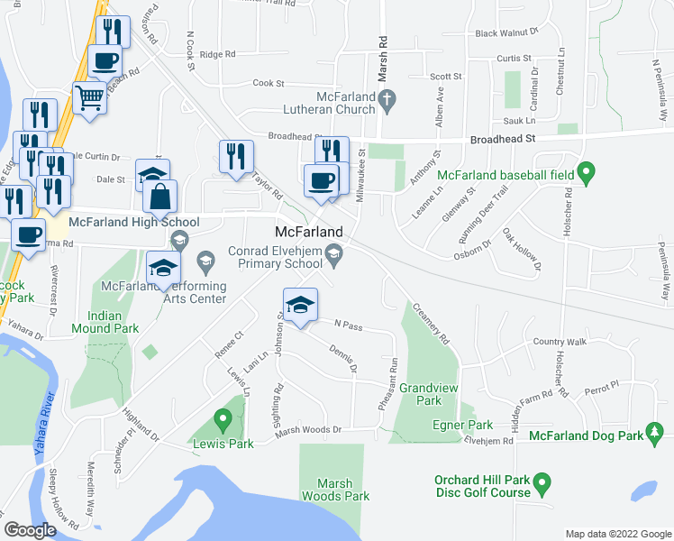 map of restaurants, bars, coffee shops, grocery stores, and more near 6009 Johnson Street in McFarland