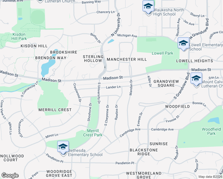 map of restaurants, bars, coffee shops, grocery stores, and more near 2513 Lander Lane in Waukesha