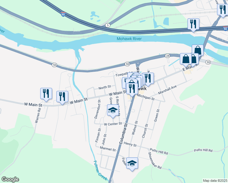 map of restaurants, bars, coffee shops, grocery stores, and more near 48 W Main St in Mohawk