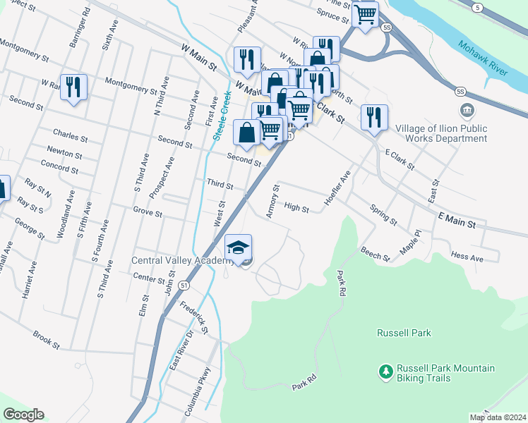 map of restaurants, bars, coffee shops, grocery stores, and more near 7 Armory Street in Ilion