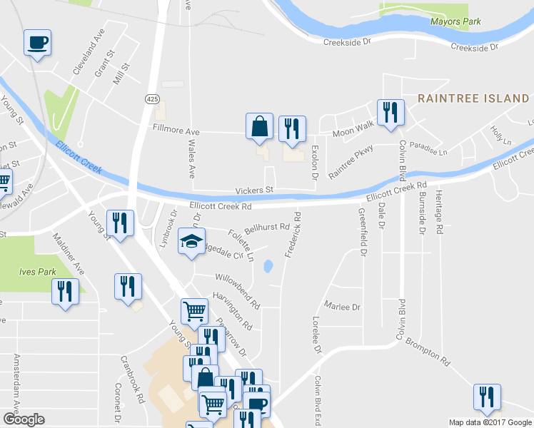 map of restaurants, bars, coffee shops, grocery stores, and more near 404 Ellicott Creek Road in Tonawanda