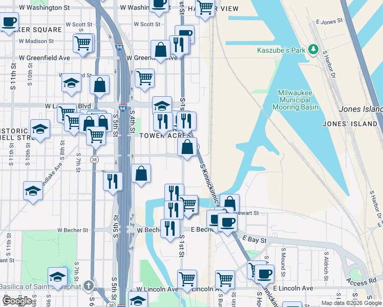 map of restaurants, bars, coffee shops, grocery stores, and more near 126 East Maple Street in Milwaukee
