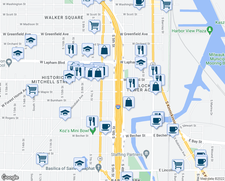 map of restaurants, bars, coffee shops, grocery stores, and more near 500 West Maple Street in Milwaukee