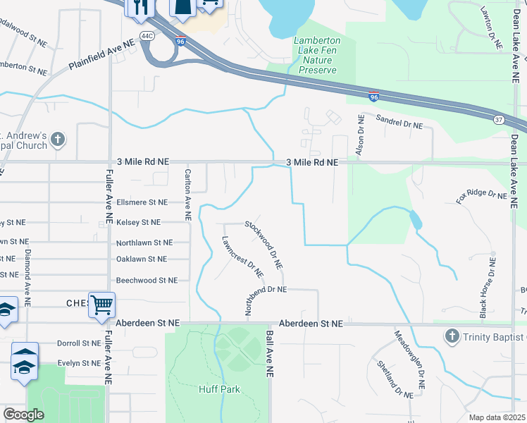 map of restaurants, bars, coffee shops, grocery stores, and more near 1596 Woodnymph Court Northeast in Grand Rapids