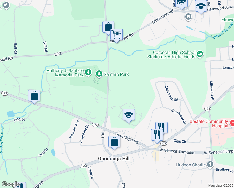 map of restaurants, bars, coffee shops, grocery stores, and more near 100 Summerfield Village Lane in Syracuse