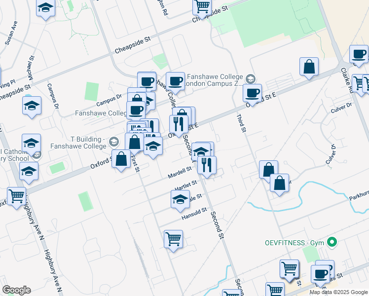 map of restaurants, bars, coffee shops, grocery stores, and more near 763 Second Street in London