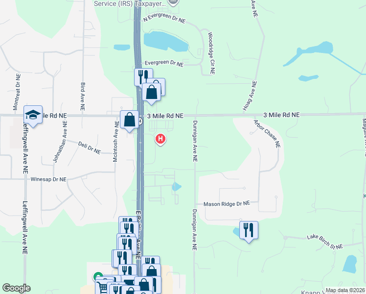 map of restaurants, bars, coffee shops, grocery stores, and more near 2673 Dunnigan Avenue Northeast in Grand Rapids