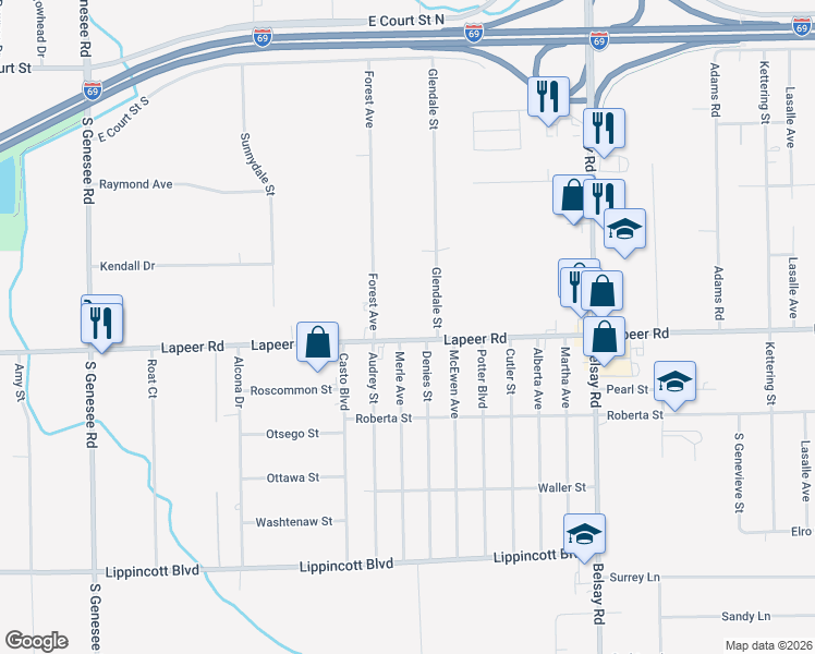 map of restaurants, bars, coffee shops, grocery stores, and more near 5333 Lapeer Road in Burton