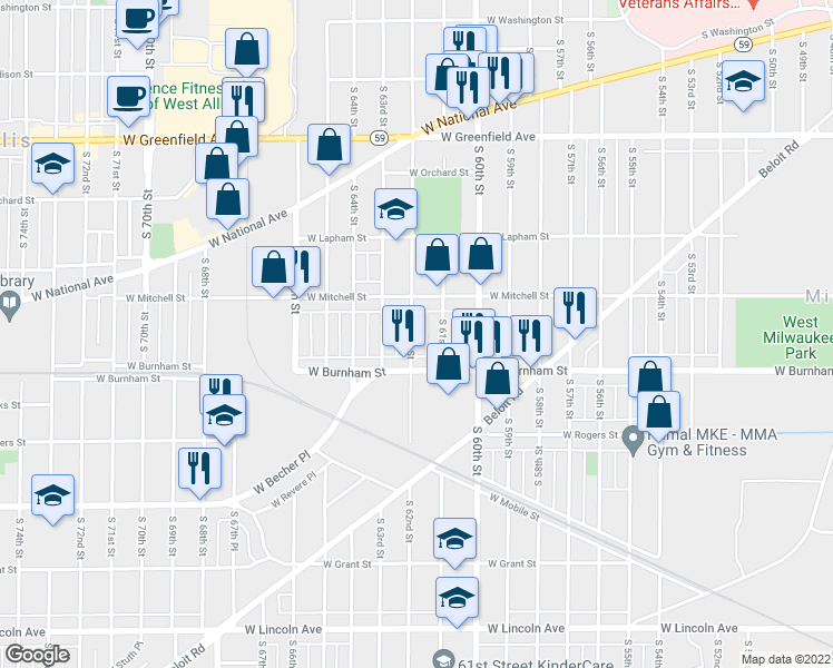 map of restaurants, bars, coffee shops, grocery stores, and more near 1748 South 62nd Street in West Allis