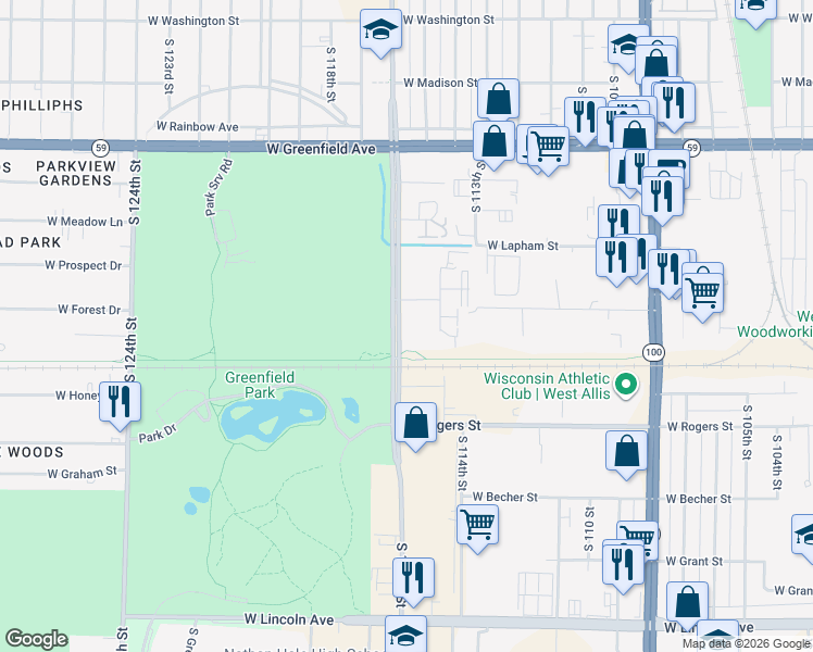map of restaurants, bars, coffee shops, grocery stores, and more near 1731 South 115 Court in West Allis
