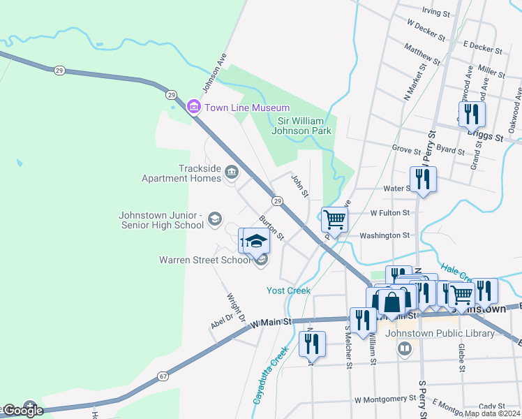 map of restaurants, bars, coffee shops, grocery stores, and more near 104 Pearl Street in Johnstown