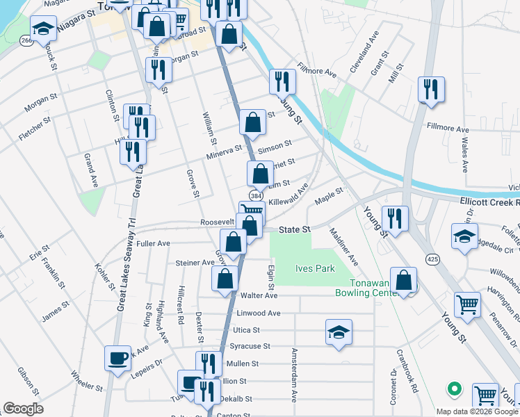 map of restaurants, bars, coffee shops, grocery stores, and more near 123 Killewald Avenue in Tonawanda