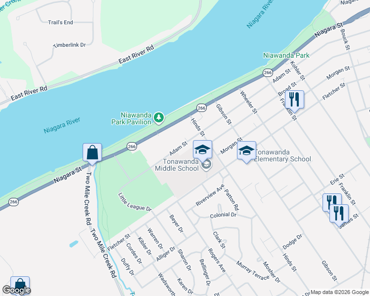 map of restaurants, bars, coffee shops, grocery stores, and more near 561 Adam Street in Tonawanda