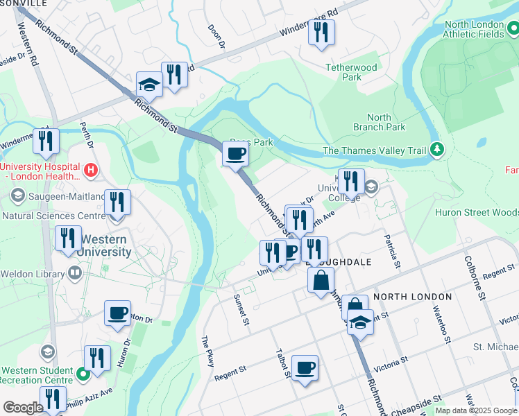 map of restaurants, bars, coffee shops, grocery stores, and more near 1201 Richmond Street in London