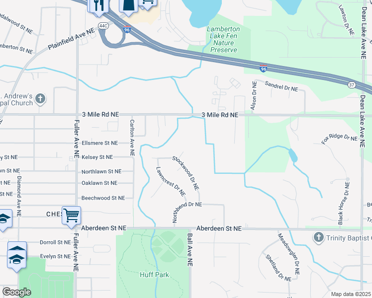 map of restaurants, bars, coffee shops, grocery stores, and more near 1596 Woodnymph Court Northeast in Grand Rapids
