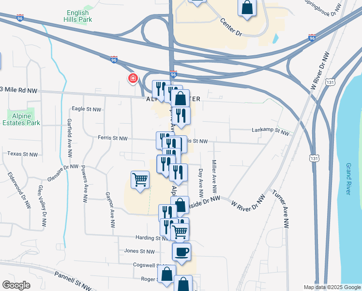 map of restaurants, bars, coffee shops, grocery stores, and more near 2616 Alpine Avenue Northwest in Grand Rapids