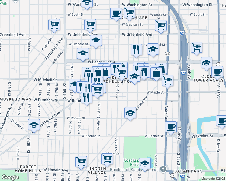 map of restaurants, bars, coffee shops, grocery stores, and more near 1039 West Maple Street in Milwaukee