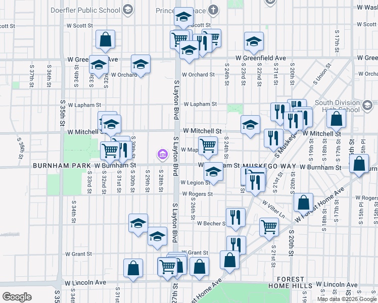 map of restaurants, bars, coffee shops, grocery stores, and more near 1812 South 26th Street in Milwaukee