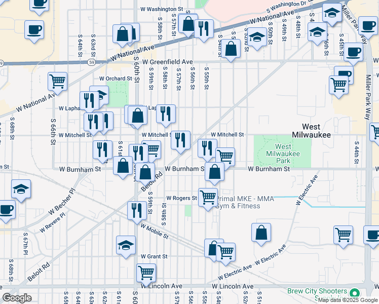 map of restaurants, bars, coffee shops, grocery stores, and more near 1756 South 56th Street in West Allis